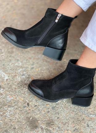 Замшевые+кожа черные ботинки на небольшом каблуке, осень-зима