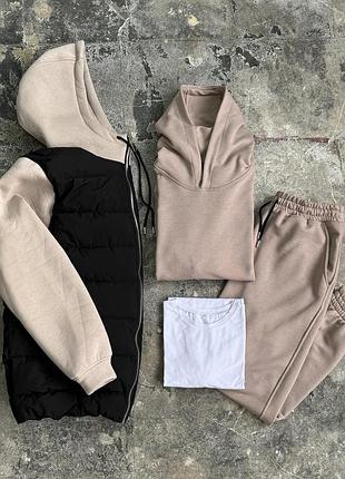 Комплект куртка infinity чорний/бежевий + костюм бежевий base (базова біла футболка в подарунок)