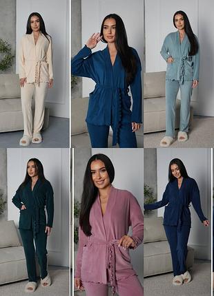 Домашній костюм велюровий, піжама - штани та  кофта на запах з поясом