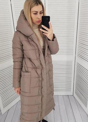 Стильний довгий пуховик ковдру куртка пальто з поясом та капюшоном (плащівка силікон)