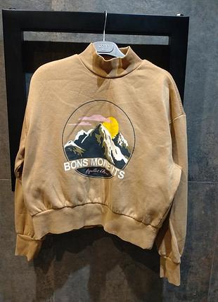 Жіночий утеплений бежевий світшот толстовка укорочена кроп-топ h&m з принтом гір розмір s