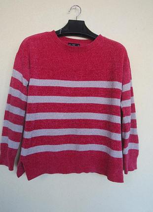 Розовый велюровый пуловер свитер в поперечную полоску от f&amp;f