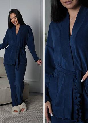 Велюровий домашній костюм з хвилясою обробкою країв з кофтою на запах з поясом з штанами