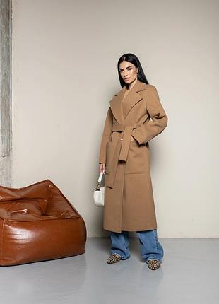 Довге вовняне пальто халат | жіноче пальто на запах | пальто женское длинное з поясом кемел