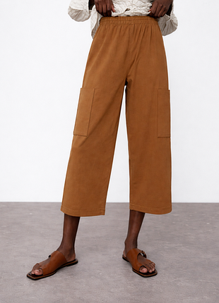 Брюки женские кюлоты коричневого цвета с высокой посадкой прямого кроя от бренда zara m