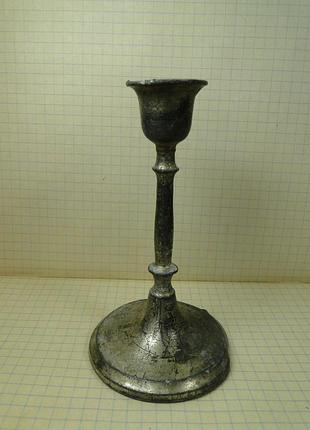 Подсвечник старинный оловянный, посеребрение.