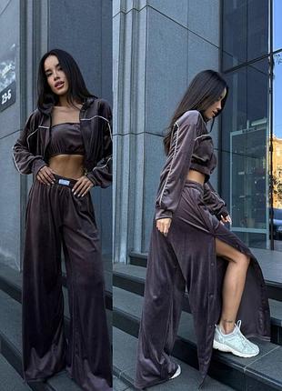 Женский велюровый спортивный костюм с топом бандо на кнопках, велюровый костюм тройка с кантом