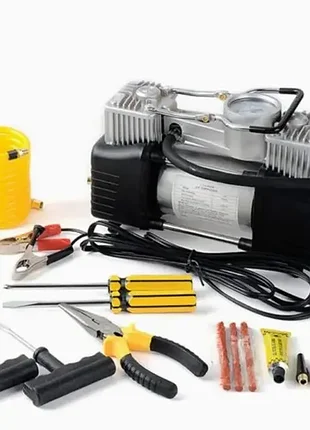 Компресор повітряний 12 v, 90 л/хв портативний з комплектом для ремонту шин та інструментами