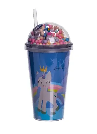 Склянка багаторазова єдиноріг з кришкою та трубочкою, синій