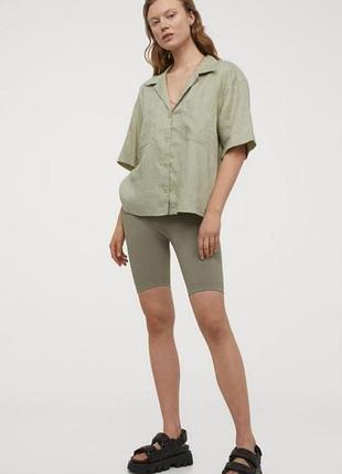 Жіноча оливкова лляна льон лен сорочка рубашка блузка блуза бренд h&m, р.xs