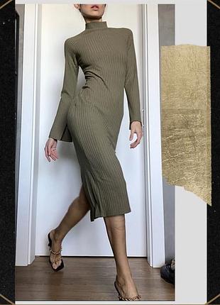 Міді хакі сукня пряма розріз класика кльош рукав горло трикотаж лапша плаття довге зелене тепле oldmoney other