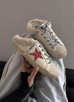 Мюли кеды зимние golden goose superstar pink sparkle / leo fur premium