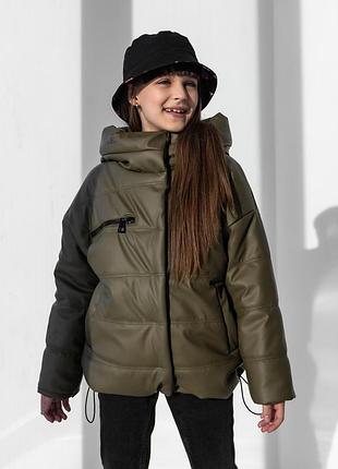 Бомбер-куртка екошкіра на дівчинку wellajur 110-140 зріст 116, хакі