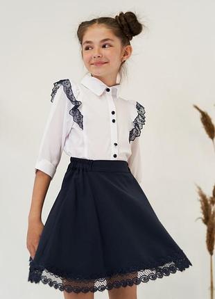 Шифонова блуза біла з мереживом 116-164 ріст 140