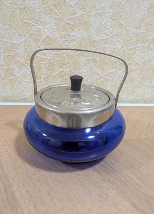 Сахарница цветного стекла с мельхиоровой отделкой, винтажная