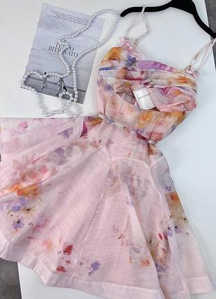 Нежно-розовое платье сарафан люкс с цветочным принтом