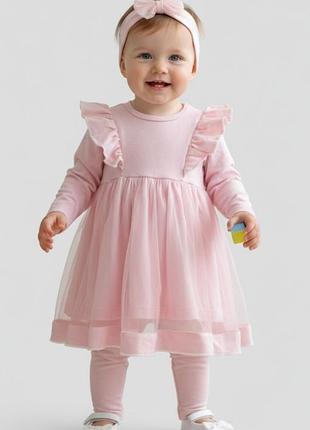 Ніжний святковий комплект для дівчинки (плаття + лосини + пов'язка)