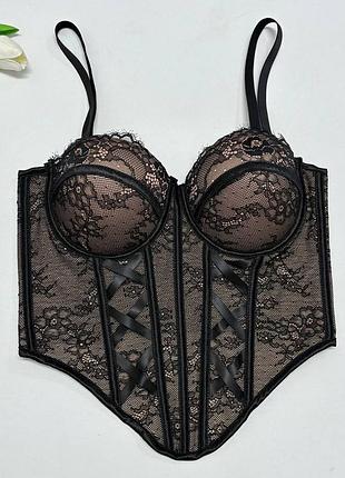 Трендові мереживні корсетні топи, елегантний топ з чашками на кісточках, корсет топ білий, чорний топ, топ ажурний з нюдовим підкладом