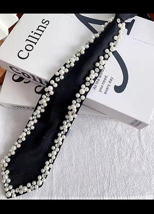 Краватка чорна з перлинами та камінчиками акцентна галстук жіночий чорний гламурний