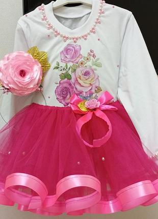 Праздничный костюм для девочки "цветочек", кофточка, юбка, обруч, no brend, белый+ розовый цвет 3-4