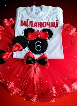 Праздничный костюм для девочки "микки", no brend, юбка, реглан, обруч, цвет белый + красный, размеры 1-10 лет