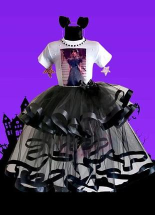 Костюм для девочки" wednesday" уэнздей no brend, юбка,футболка,обруч,цвет белый+черный, размеры 1-10 лет 3-4