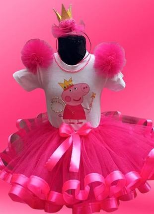 Костюм для дівчинки "свинка пеппа", no brend, спідниця, реглан, обруч, колір білий + рожевий, розміри 1-10 років