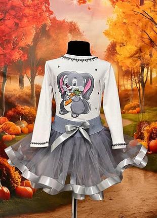 Праздничный костюм зайчика для девочки из фатина юбка, реглан, обруч, цвет белый, размеры 1-10 лет 5-6