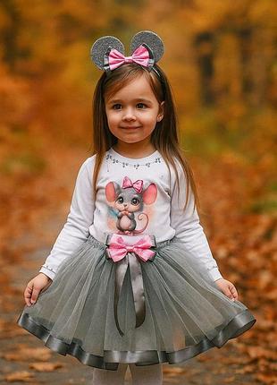 Костюм для дівчинки "мишка", спідниця, реглан, обруч, колір білий+ сірий, розміри 1-10 років