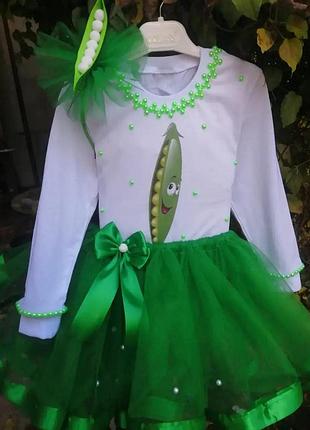 Святковий костюм для дівчинки "горошок"no brend, спідниця, реглан, обруч, колір білий+зелений, розміри 1-10 років
