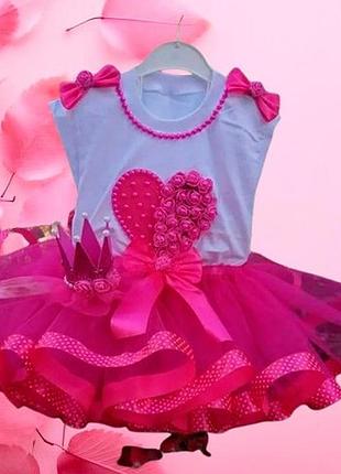 Святковий костюм для дівчинки спідниця,футболка,обруч,колір білий+рожевий, розміри 1-10 років 3-4