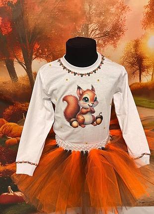 Костюм для девочки "белочка" из фатина юбка, реглан, обруч, цвет белый+оранжевый, размеры 1-10 лет 9-10