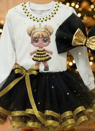 Святковий костюм для дівчинки "лол" спідниця, реглан, обруч, колір білий + чорний, розміри 1-10 років 3-4
