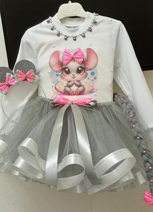 Тематичний костюм для дівчинки мишка з фатину , спідниця, реглан, обруч, колір білий+сірий ( хвостик +140)