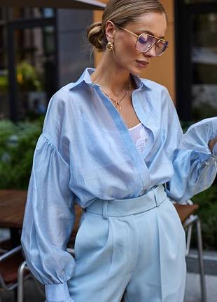 24 кольори! напівпрозора блуза з широкими рукавами буфами з манжетами, сорочка на ґудзиках, вечірня, святкова, прозора, класична, тенсел