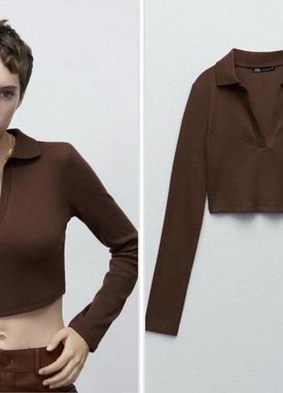 Кроп топ поло з рукавом трикотажний в рубчик шоколадний коричневий zara s