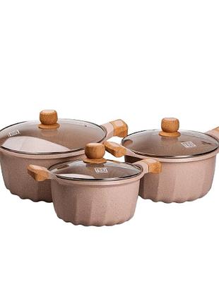 Набір із трьох каструль та сковорідок з кришками 24, 28, 32 см, товсте алюмінієве дно mgc hp-4-402