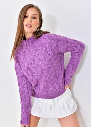 Свитер park karon женский тёплый с воротом стойка крупной вязки косами one size сиреневый