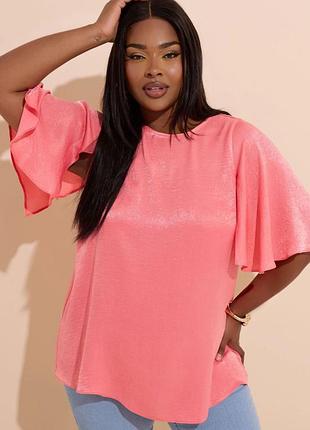 Yours 50-52 эффектная коралловая металлик блестящая блуза туника батал с рукавами-крылышками