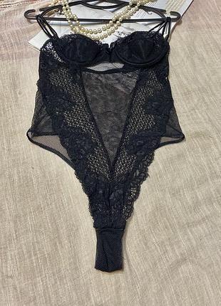 Шикарный черный сетчатый боди с кружевом