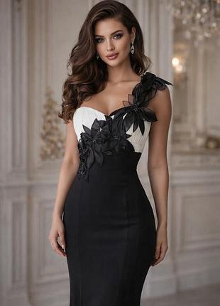 Сукня чорна біла в підлогу з квітами під вінтаж з вишивкою бісер елегантна платье дизайнерское черное белое с цветами в пол длинное вечернее выпускное