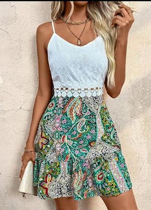 Плаття shein xl легке літнє з оборкою і мереживом короткий сарафан на бретельках білий різнобарвний