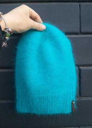 Бірюзова шапка біні з ангори пух норки