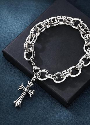 Браслет на руку серебряный мужской цепочный chrome hearts металлический дизайн длина 19 см