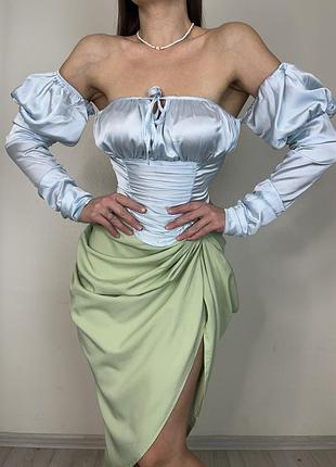 Распродажа костюм prettylittlething комплект топ корсет + юбка миди с драпировкой