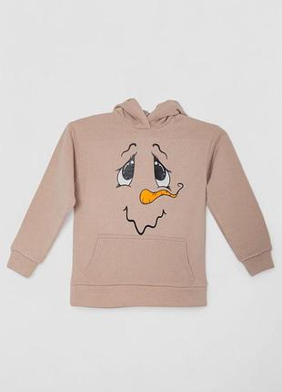 Худі дитячий на флісі з принтом сніговик, колір бежевий, 102r1517