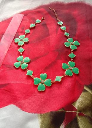 Нарядное нежное колье ожерелье бусы винтажное женское бирюзовое зеленые цветы сердца ромбы металл эмаль
