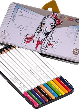 Олівці кольорові 12 кольорів у металевому пеналі marco color core