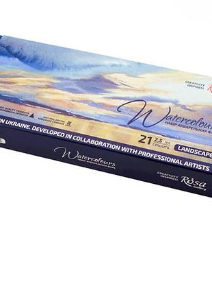 Набор акварельных красок rosa gallery landscape 21*2,5мл, кювета индиго металл. пенал