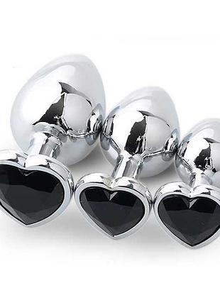 Набір чорних сталевих анальних пробок сердечка - 3 шт. (s/m/l) - анальні іграшки